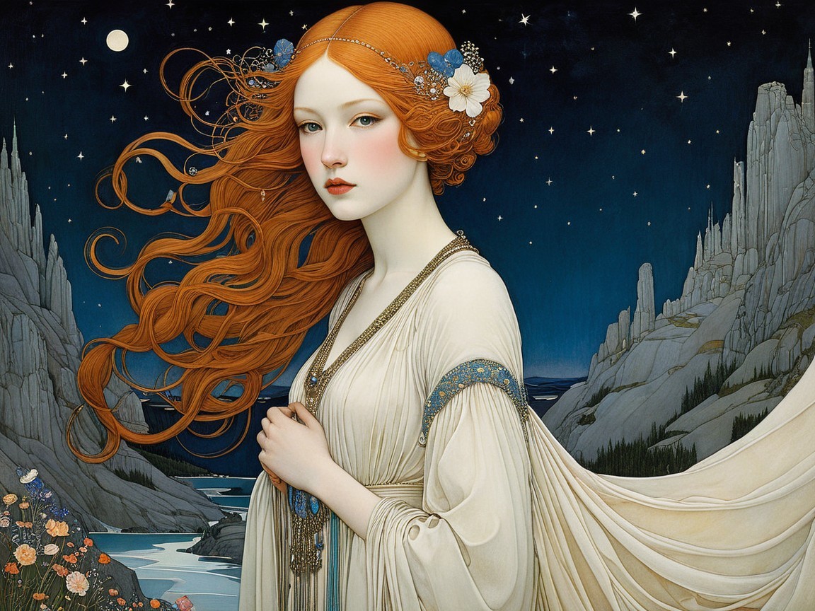 Serene Woman in White Gown Against Starry Night