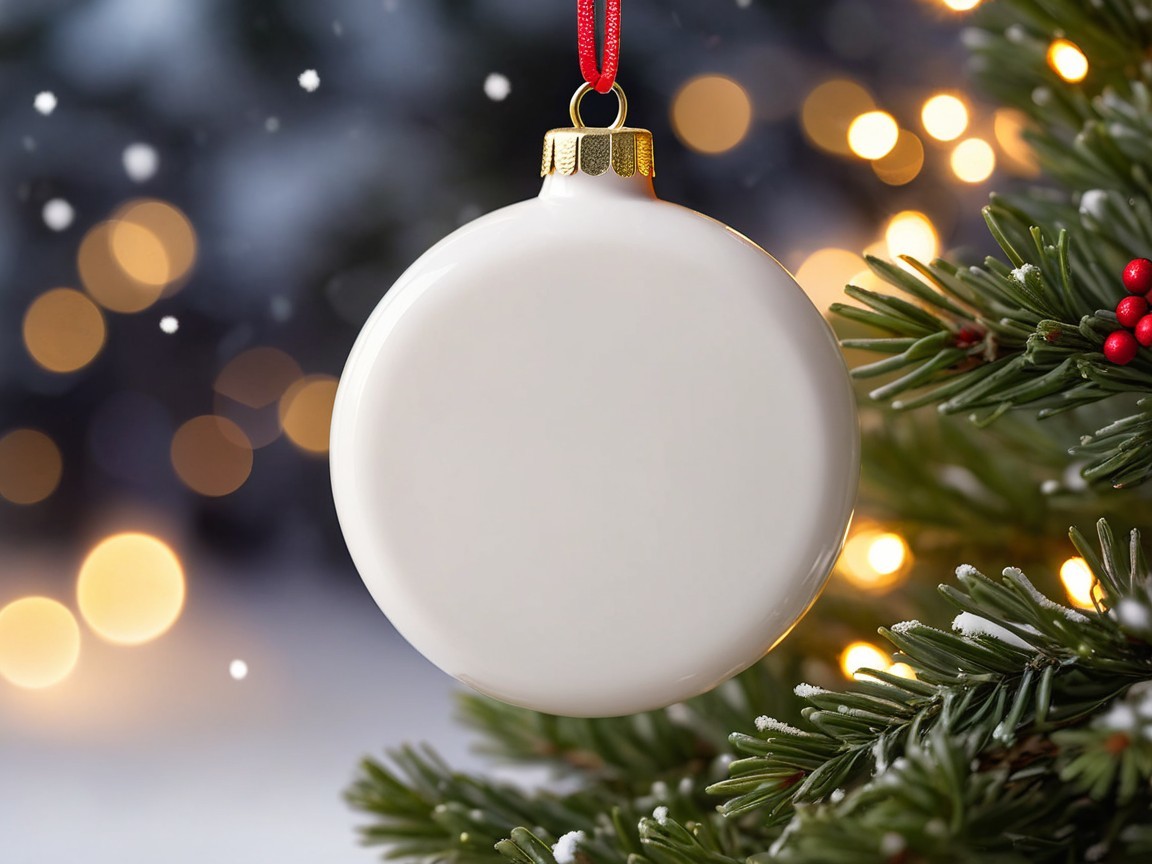Blank White Christmas Ornament on Decorated Tree Branch