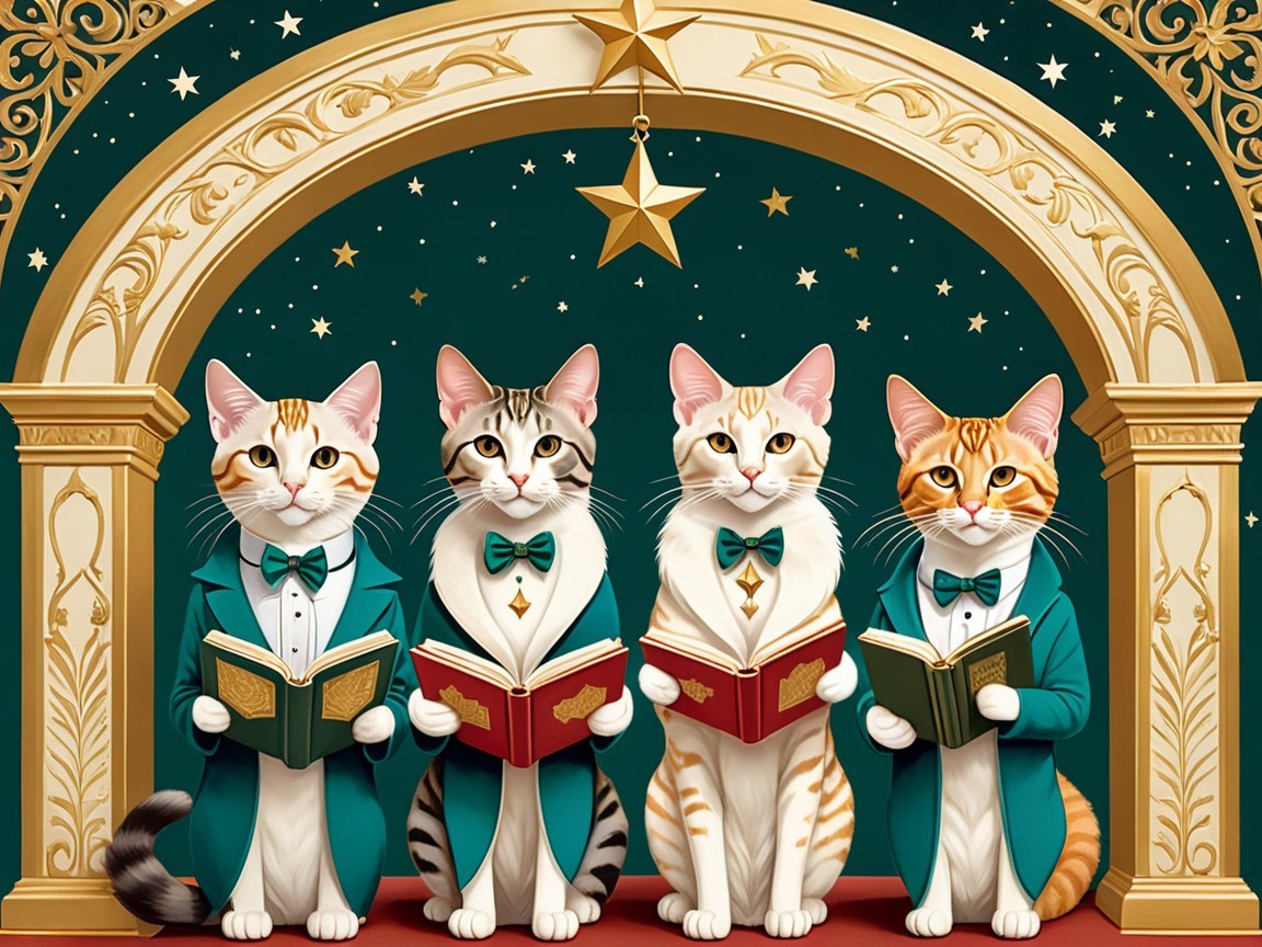 Elegant Cats in Tuxedos Under Starry Archway