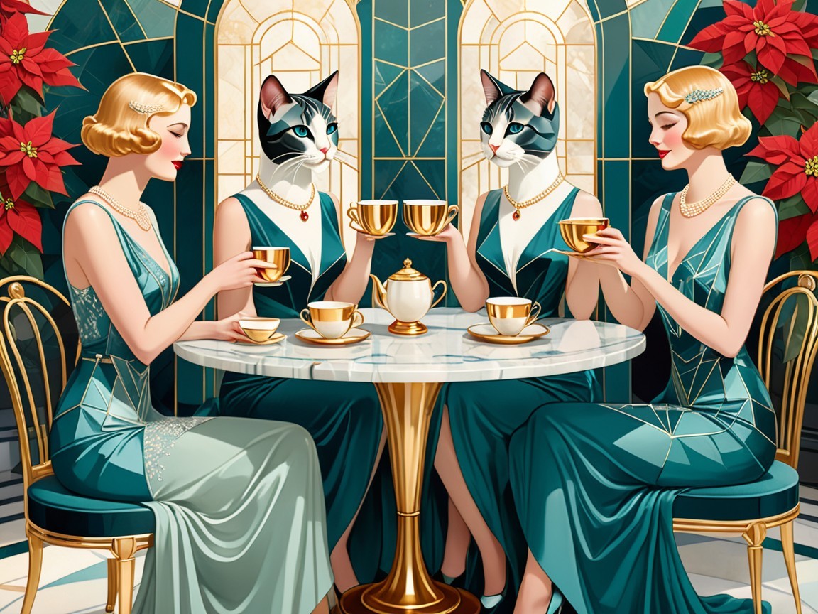 Elegant Women and Cats in Art Deco Tea Setting