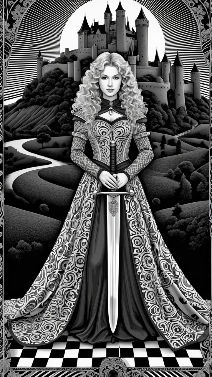 Regal Woman with Sword and Majestic Castle Illustration