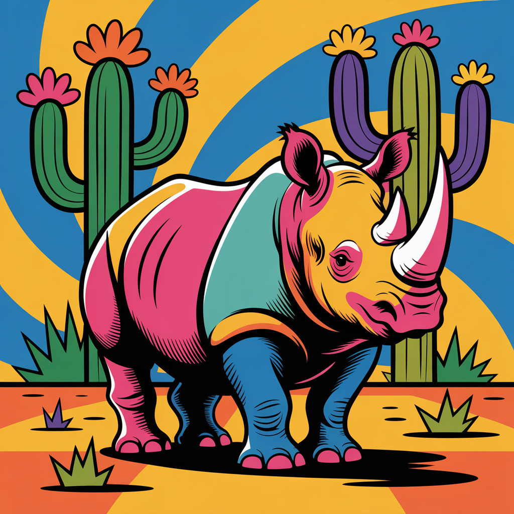 Vibrant Illustration of Rhinoceros in Colorful Desert