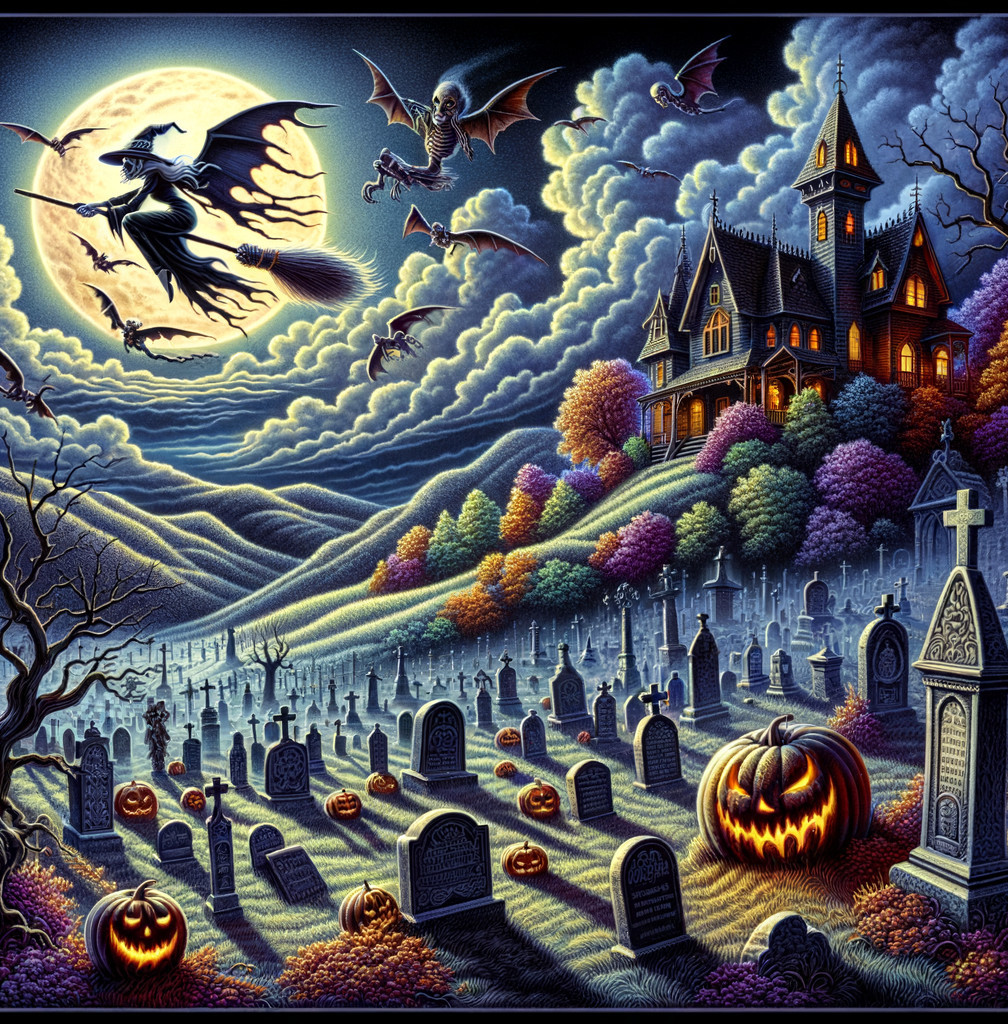 Spooky Moonlit Graveyard with Witch and Pumpkins
