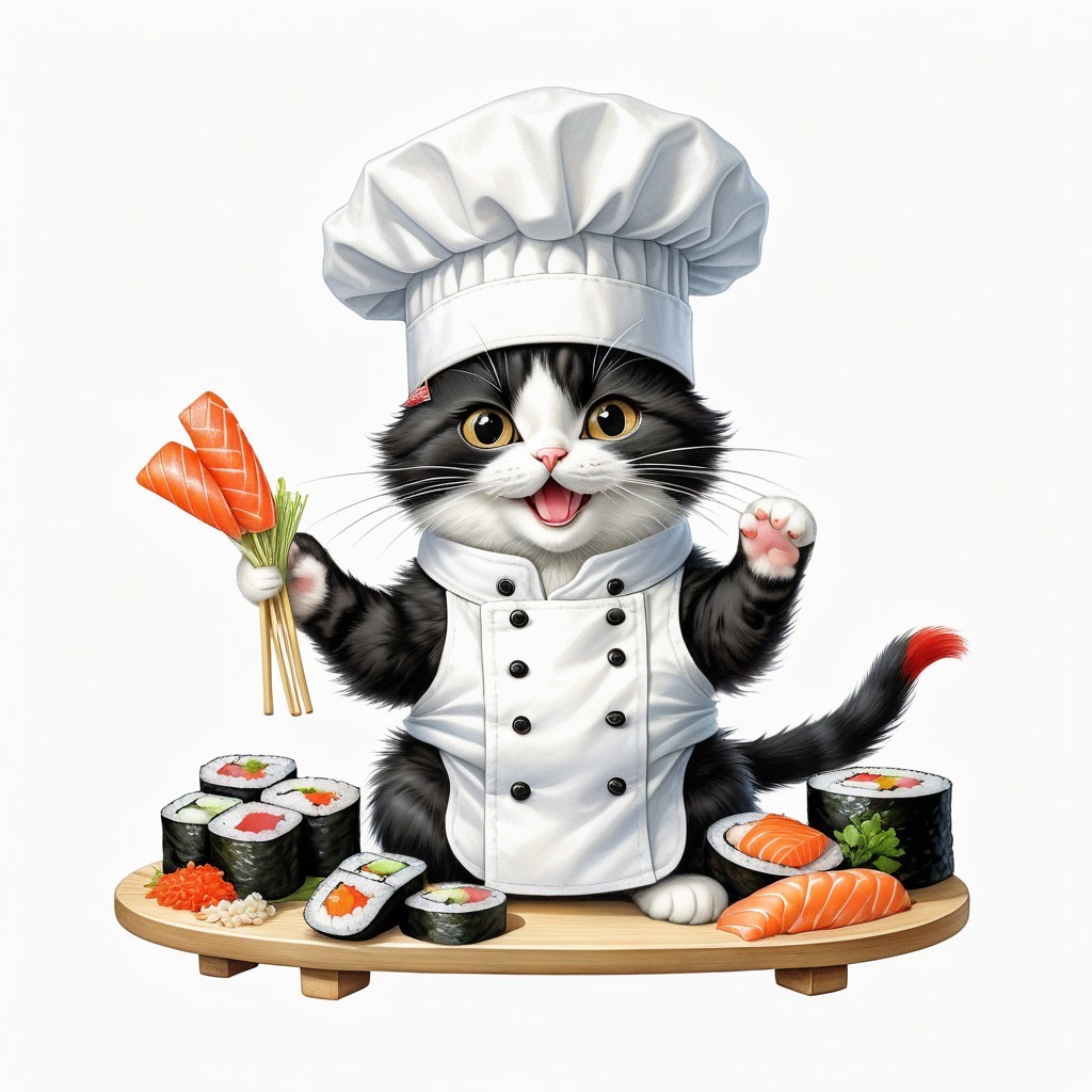 Playful cat chef with sushi on wooden platter