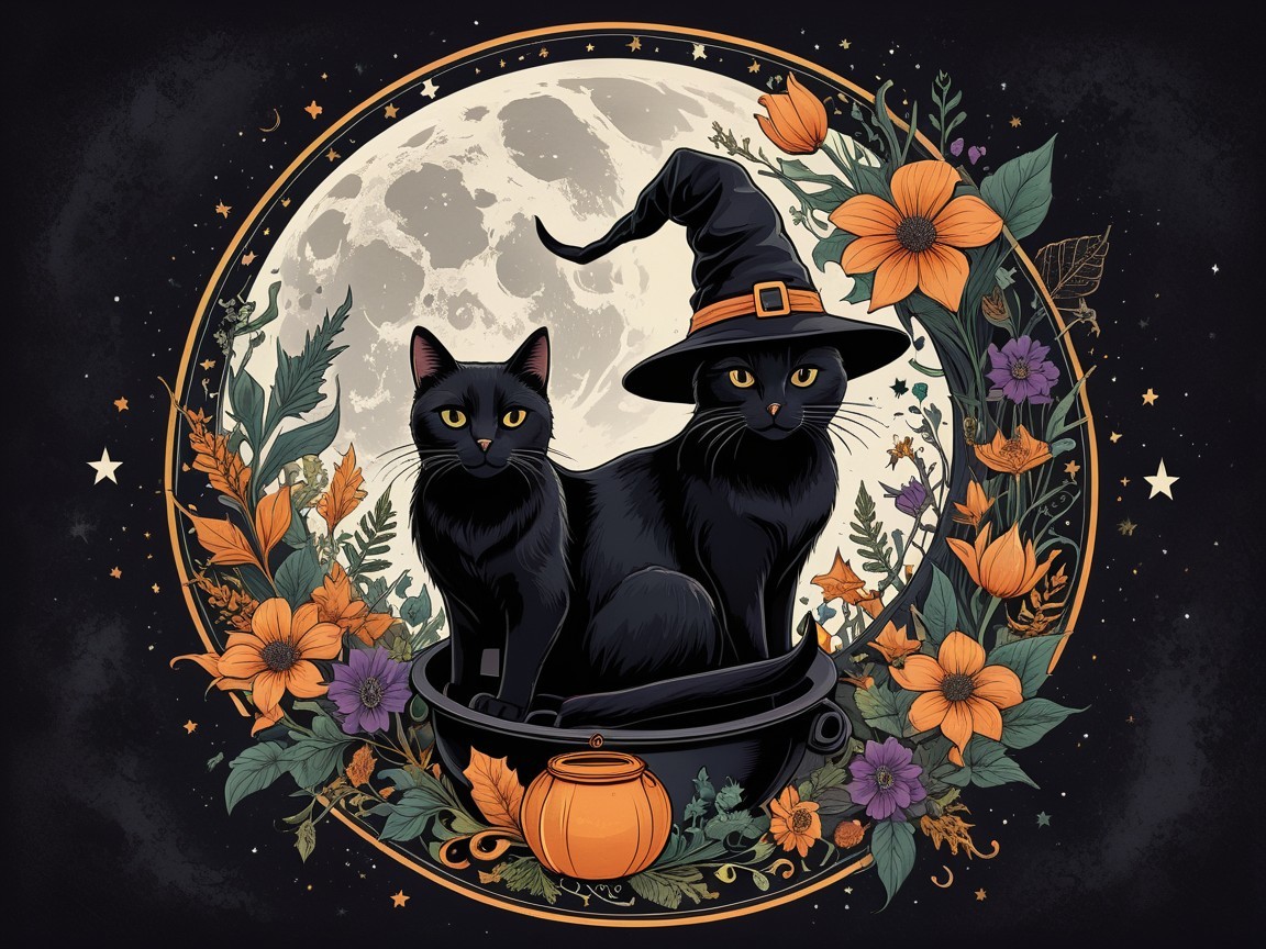 Black Cats in Witch Hats Inside a Cauldron Scene