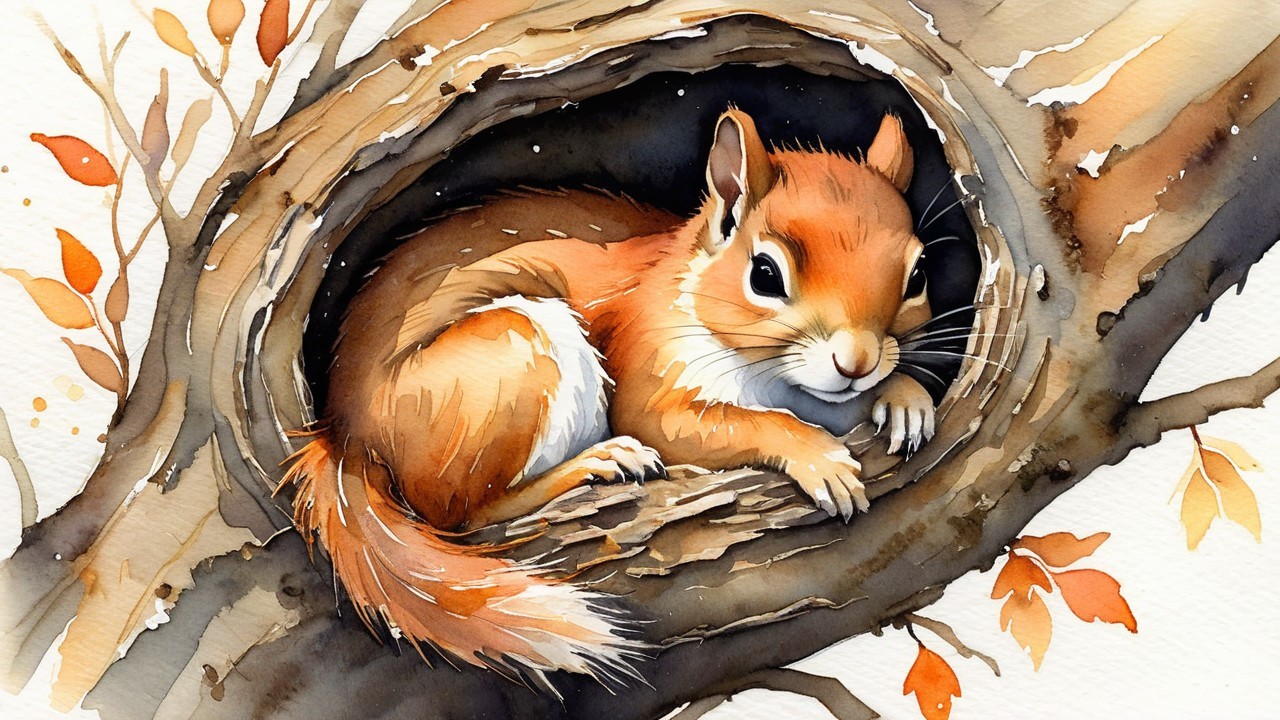 Watercolor Illustration of a Squirrel in a Tree Trunk