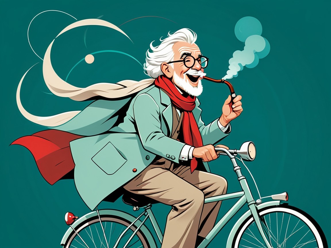 Elderly Man on Vintage Bicycle with Playful Attire