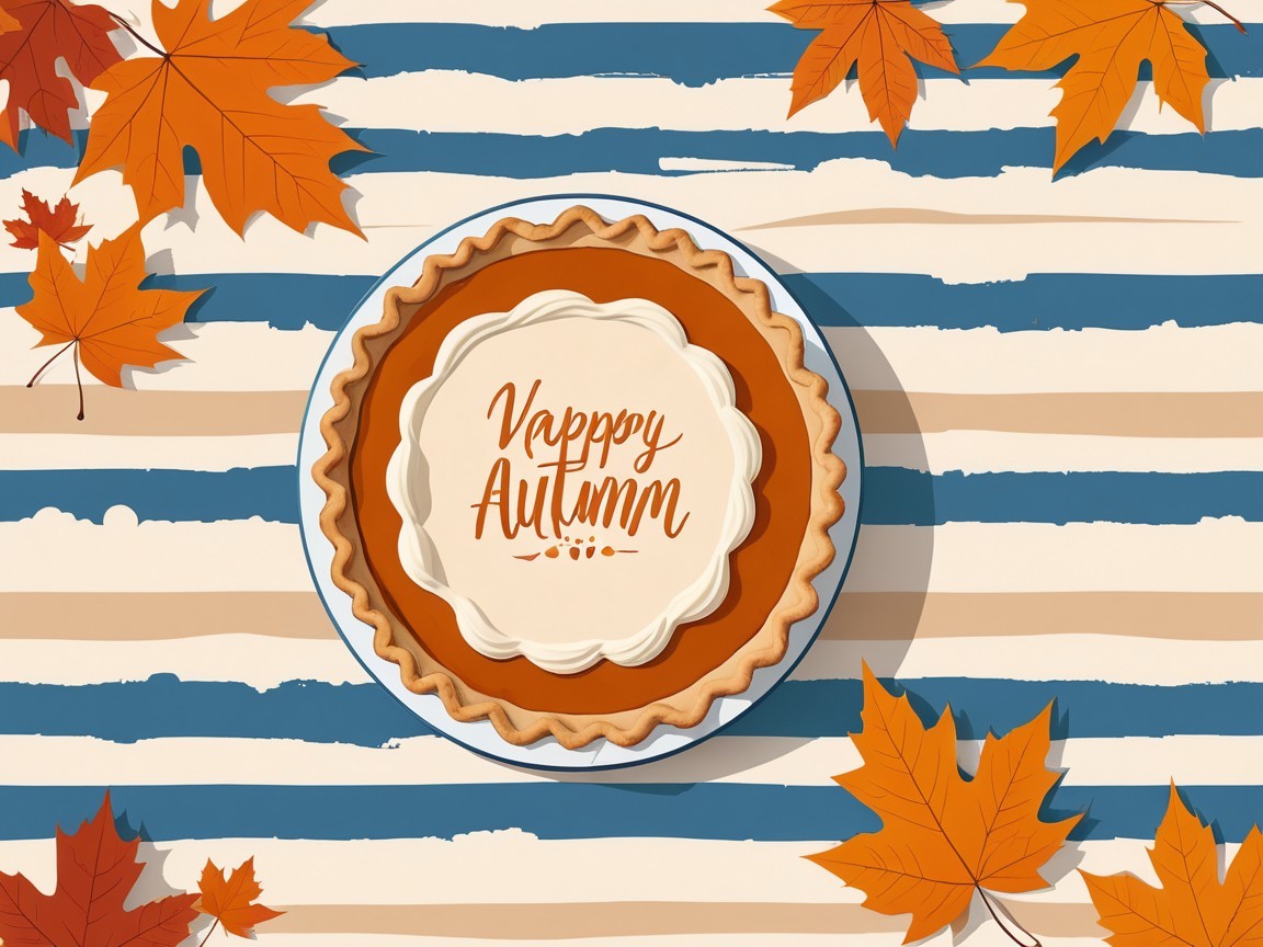 Autumn Pumpkin Pie on Striped Tablecloth with Leaves