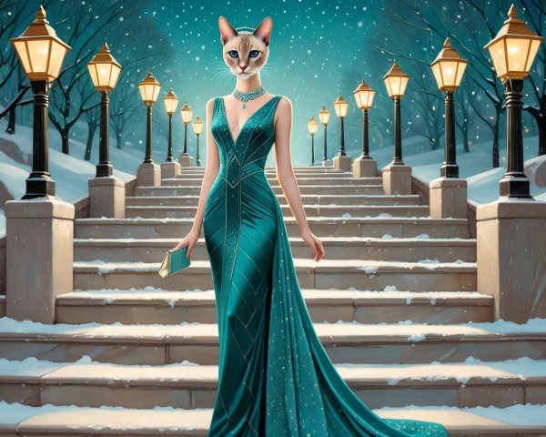 Stylish figure in teal gown on snowy staircase scene