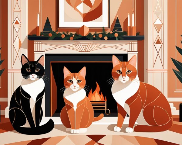 Cozy Indoor Scene with Three Cats by a Fireplace