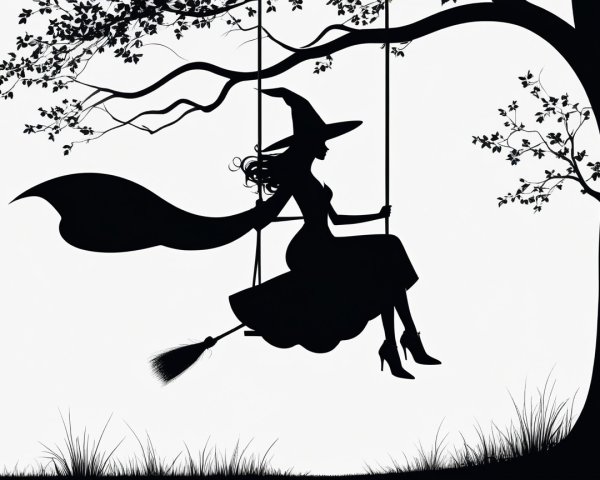 Silhouette of a witch swinging from a tree branch