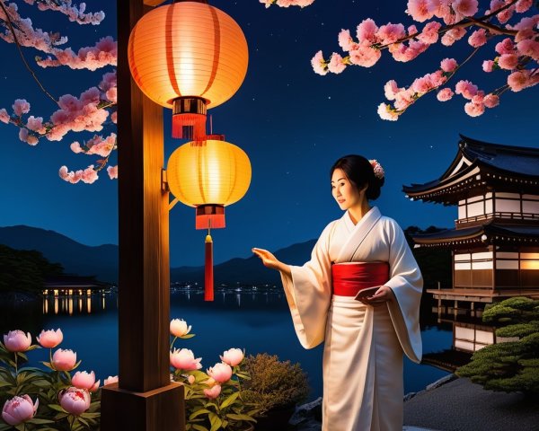 Night Scene of Woman in Kimono by Lanterns and Temple