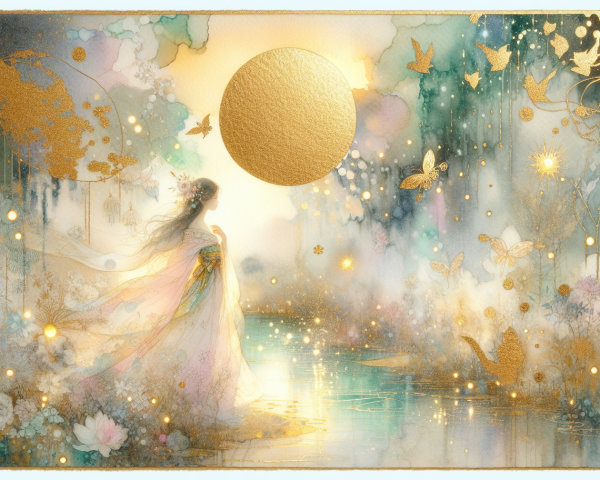 Serene figure by tranquil waterway with butterflies and sun