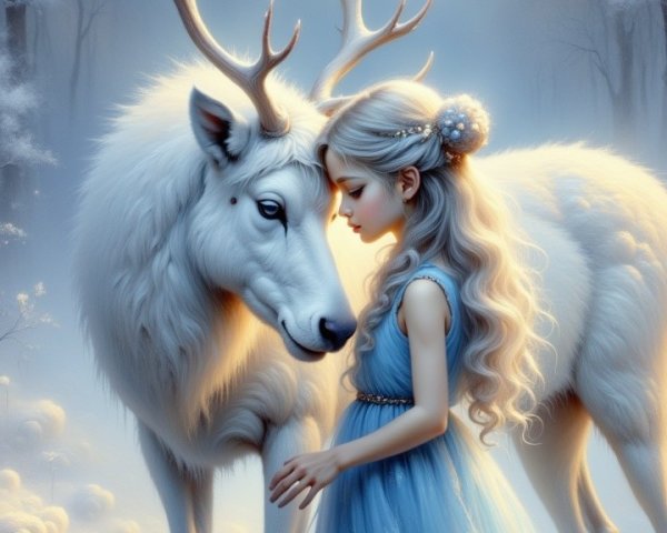 Winter Landscape with Girl and White Reindeer