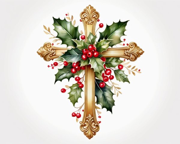 Elegant Golden Cross with Holly and Berries Decor