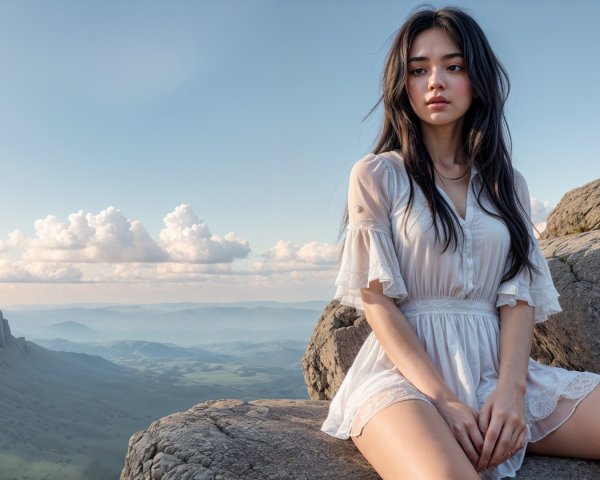 Young woman in white dress on rock with scenic landscape