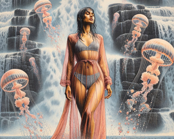Woman in flowing robe by serene waterfall with jellyfish