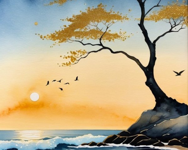 Coastal Scene with Golden Tree at Sunset