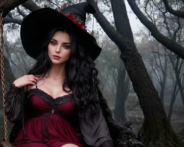 Mysterious Witch in Foggy Forest with Dark Attire