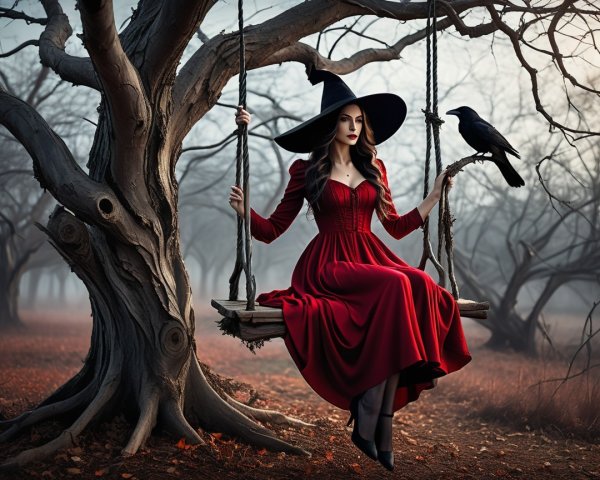Woman in red dress on swing in foggy landscape