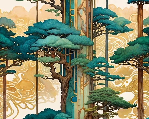 Fantastical forest with stylized trees and teal foliage