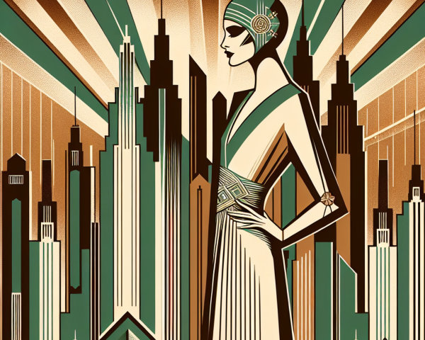 Art Deco Woman in Elegant Attire Against Skyscrapers