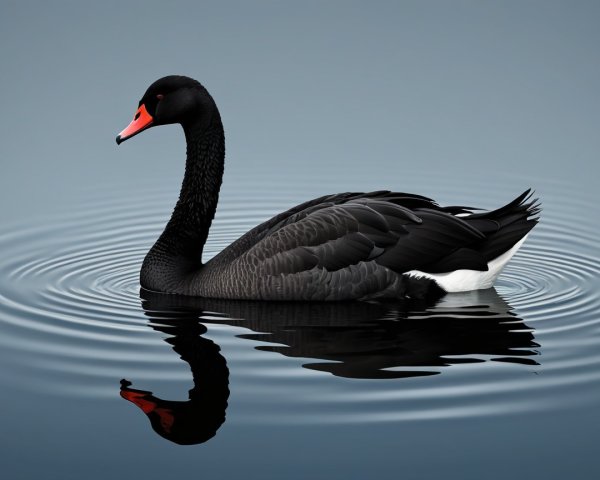 Majestic black swan gliding on calm water surface