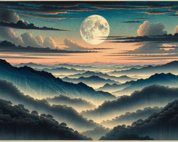 Serene Landscape with Misty Mountains and Moonlight