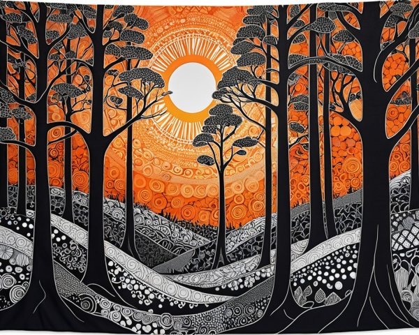 Tapestry Depicting Sunset with Intricate Patterns