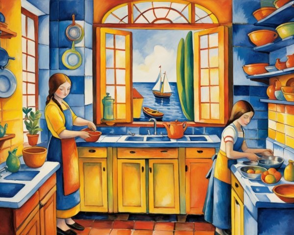 Vibrant Kitchen Scene with Women Preparing Food