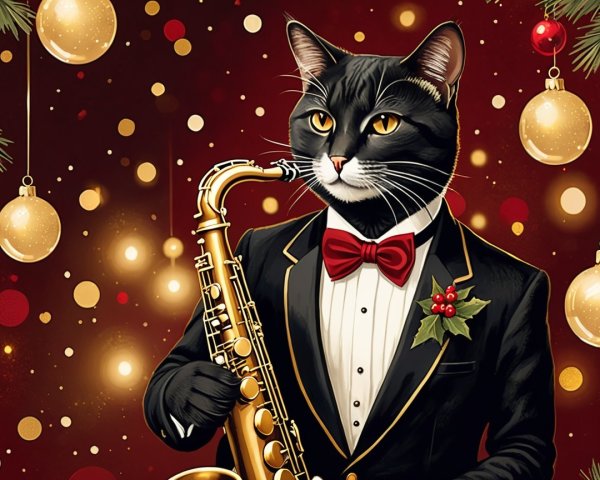 Elegant Black Cat in Tuxedo with Saxophone Decor