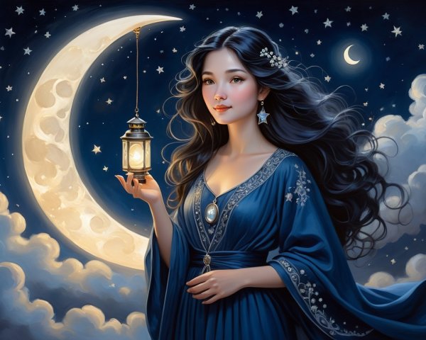 Serene Woman in Blue Gown Under Starry Night Sky