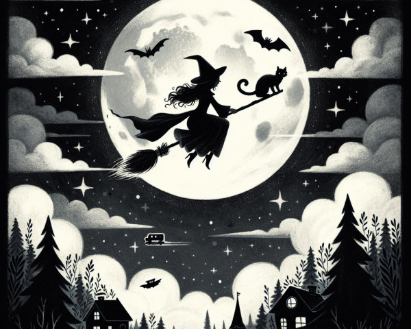 Witch on Broomstick Against Full Moon and Night Sky