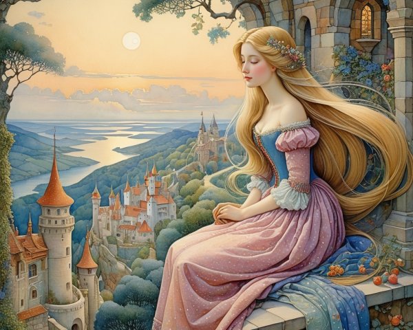 Serene Princess on Balcony with Scenic Landscape