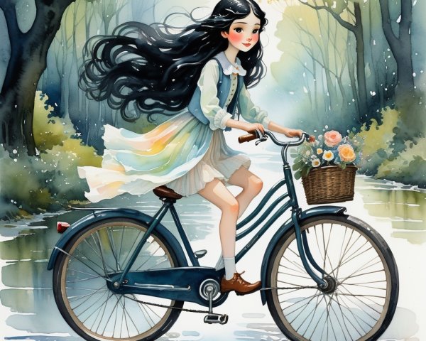 Whimsical Illustration of Girl on Vintage Bicycle