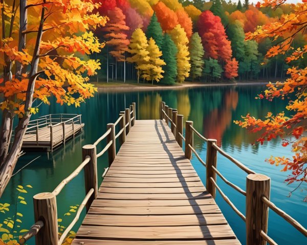 Autumn Landscape with Dock and Reflective Lake