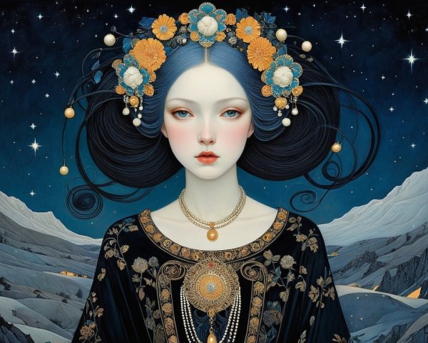 Young woman with floral crown in starry night setting