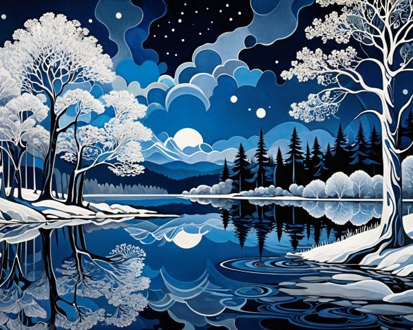 Serene Winter Landscape with Starlit Night Sky
