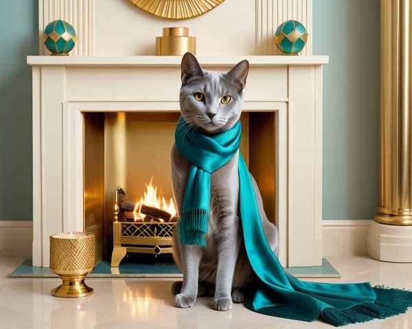 Gray Cat in Teal Scarf by Cozy Fireplace Decor