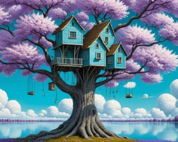 Whimsical Tree with Purple Leaves and Blue Treehouses