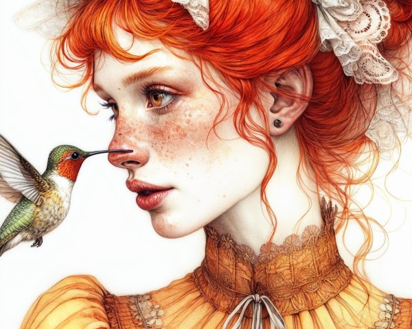 Profile of a Young Woman with Red Hair and Hummingbird