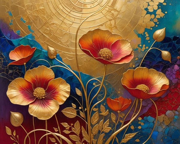 Vibrant Abstract Composition with Golden Flowers