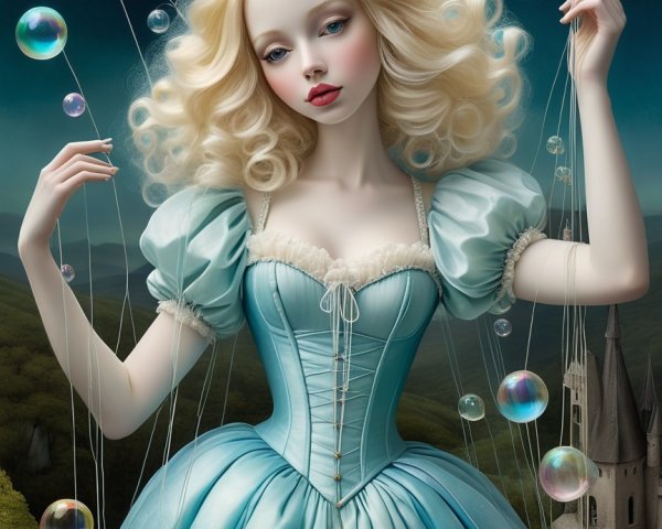 Fairytale-Inspired Doll with Bubbles and Castle Background