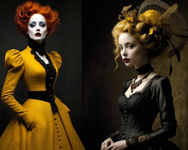 High-fashion attire worn by two elegantly dressed women