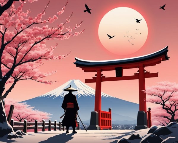 Silhouetted Figure at Torii Gate with Cherry Blossoms