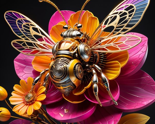 Metallic Bee on Colorful Flower with Futuristic Design