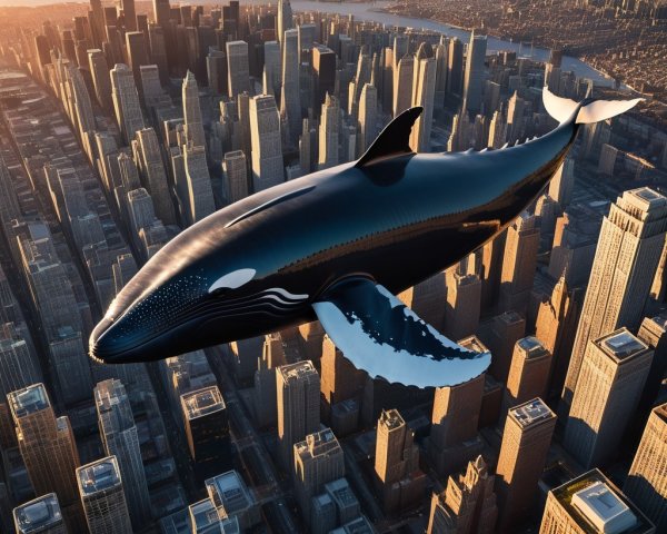 Stylized whale in urban skyline with skyscrapers