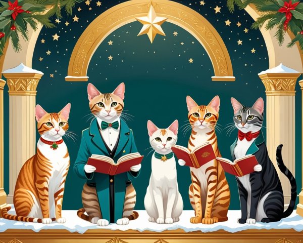 Whimsical Holiday Scene with Elegantly Dressed Cats