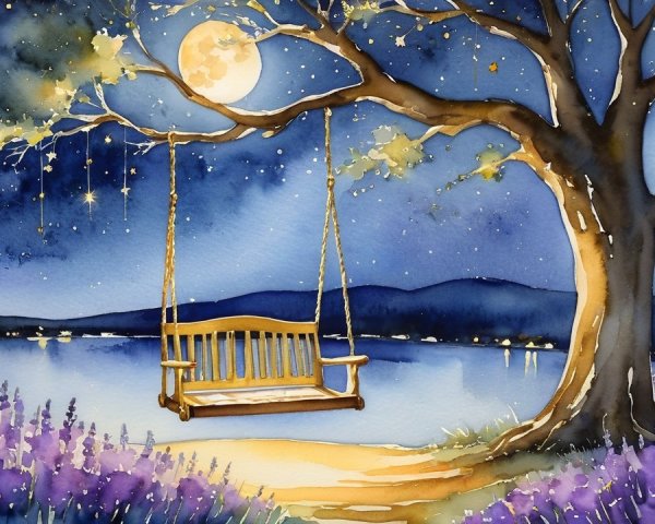 Serene Night Scene with Swing and Tranquil Lake