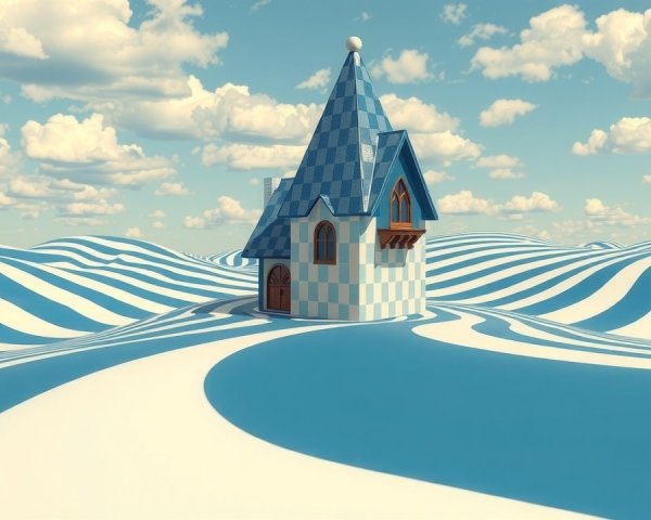 Whimsical House in Surreal Blue and White Landscape